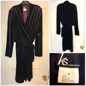 Black Wrap-Style Velvet-Feel LS Midi Dress, Size 16